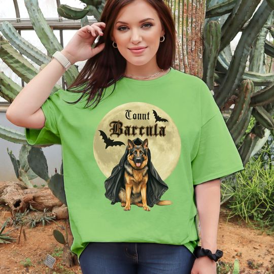 Discover German Shepherd 'Count Barcula' T-Shirt - Moonlit Bat Design, Spooky Shepherd Tee