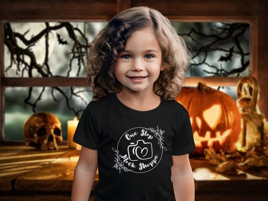 Discover Kids T-Shirt Lifestyle Mockup Black Bella+Canvas 3001T Autumn Girl Toddler Model in Crewneck Jersey Halloween Fall Jack-o-lantern Backdrop