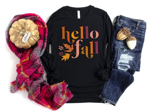 Discover Hello Fall Long Sleeve Shirt - Autumn and Halloween Theme