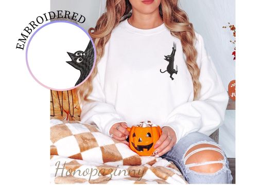 Discover Halloween Black Cat Pocket Embroidery Sweater Cute Cat ghost Shirt Unisex Sweater T-shirt Women's Halloween Party Outfit