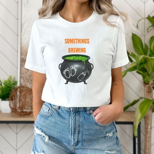 Discover Something's Brewing Halloween Pregnancy Reveal Shirt, Witchy Baby Announcement Tee Spooky Pregnancy Reveal Shirt Halloween Baby Bump Tee
