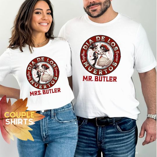 Discover Custom Halloween Couple Shirt, Personalized Day of The Dead T-Shirt, Newlywed Gift, Matching Couples Shirt, Couples Halloween Tee