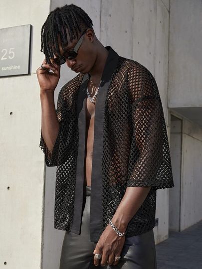 Discover Unisex Crop Top Short Sleeve, Men Open Front Sheer Mesh Shirt, For Men/Women Party, Disco, Rave, Gothic, Festival, Black Tulle, Mesh
