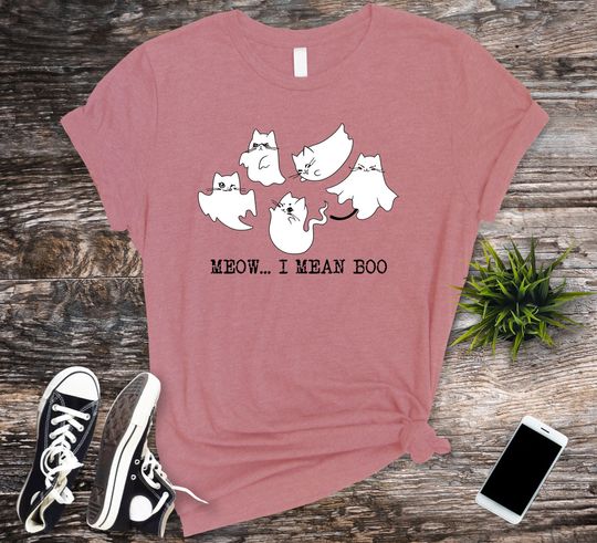 Discover Cute Cat Ghost Halloween Unisex Tee, Scary Season Funny Spooky T-shirt, Meow Boo Casual Shirt For Her, Cool Gift for Halloween Cat Lovers