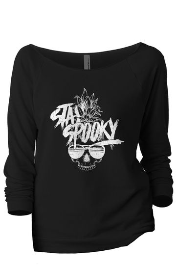Discover Stay Spooky Slouchy 3/4 Sleeves Sweatshirt, Graphic Comfy Halloween Off The Shoulder Shirt, Trick or Treat Fall Womens Funny Fashion Top
