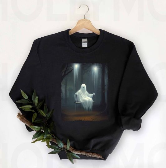 Discover Spooky Vibes Halloween Shirt - Pumpkin Season Forest Ghost on Swing