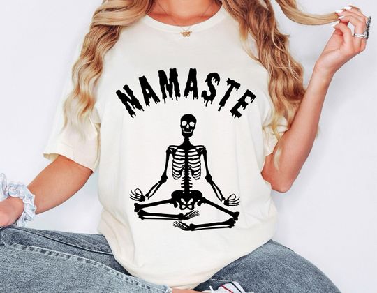 Discover Namaste shirt, Halloween graphic tee, skeleton yoga