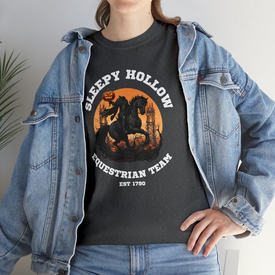 Discover Sleepy Hollow Equestrian Team T-Shirt, headless Horseman, Halloween pumpkin, Unisex Heavy Cotton Tee, Gildan 5000