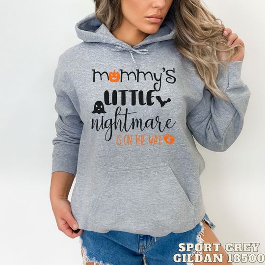 Discover Mommy's Little Nightmare Is On The Way Halloween Pregnancy Announcement Hoodie Fall Pregnancy Reveal Baby Announcement Funny New Mom Sweater
