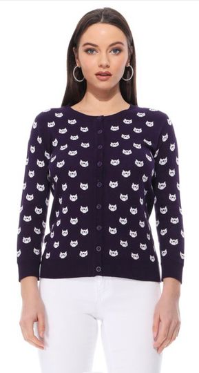 Discover Purple and White Button Up Cat Cardigan