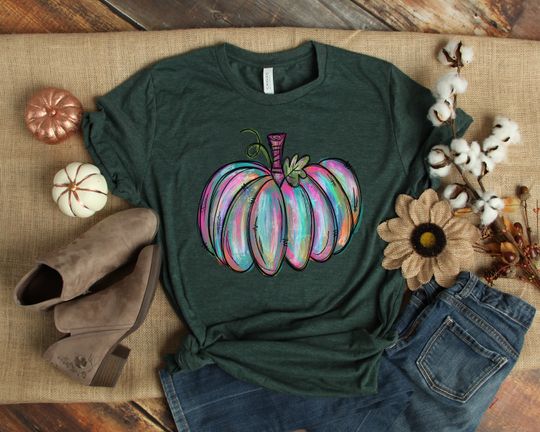 Discover Watercolor Pumpkin T-shirt, Colorful Pumpkin Shirt, Watercolor Pumpkins, Thankful Shirt, Autumn Shirt, Cute Fall Shirt, Gift For Halloween