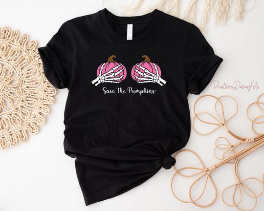 Discover Save The Pumpkins T-shirt, Breast Cancer Awareness Shirt, Pumpkin Shirt, Skeleton Shirt, Halloween Shirt, Pink Ribbon Tees, Best October Tee