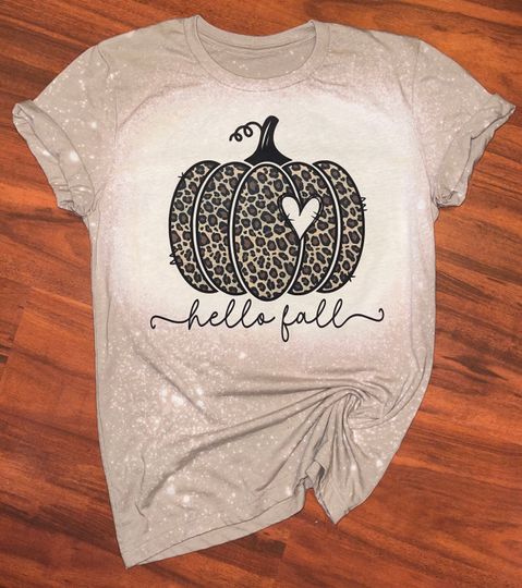 Discover Hello Fall Leopard Pumpkin Bleached Shirt
