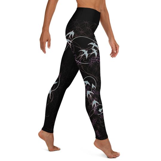 Discover Swallow Bird Black and Pink Yoga Leggings - Workout Tights