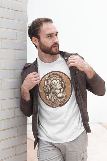 Discover Music Tshirt Cool Lion with Headphones T-Shirt | Unisex Heavy Cotton Tee | Animal Tshirt | Wildlife | Music Tee | Lion Top
