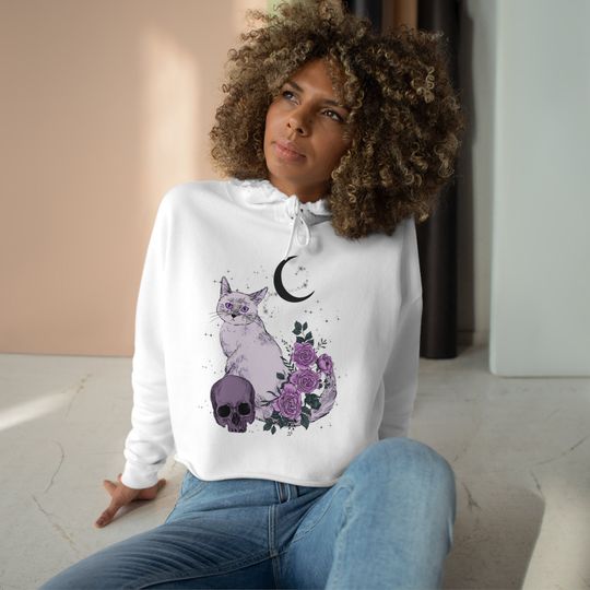 Discover Halloween Purple Cat Crop Hoodie