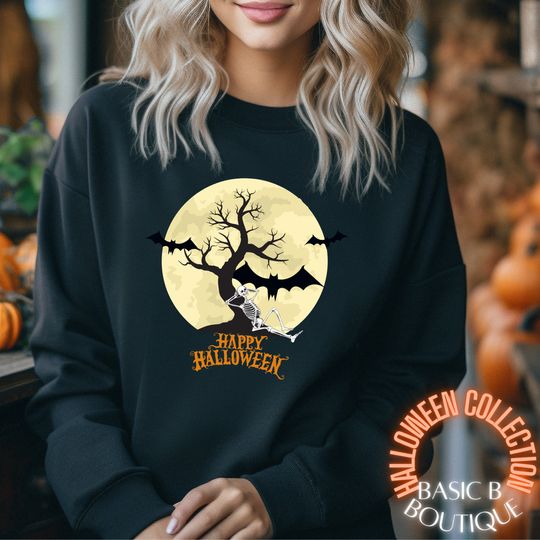 Discover Halloween SKELETON Sweatshirt, Spooky Halloween Shirt, Oversized Unisex Crewneck Sweatshirt in Black