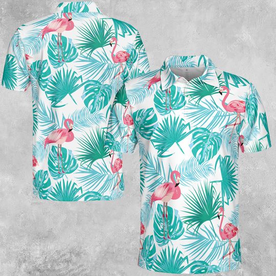 Discover Tropical Palm Tree Summer Flamingo Polo Shirt