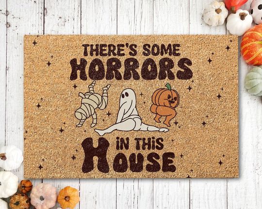 Discover Funny There's Some Horrors In This House Coir Door Mat, Funny Pumpkin Spoky Halloween Out Doormat