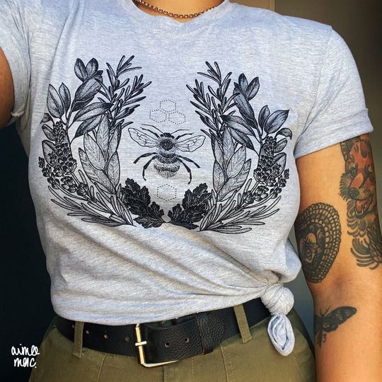 Discover Botanical Bee Print Shirt - Boho Shirt, Bee Graphic Tee, Botanical Art Shirt