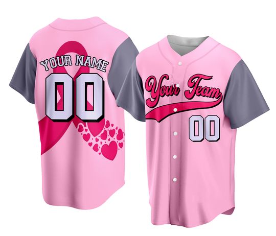 Discover Custom Team Name And Number Baseball Jersey, Personalized Breast Cancer Pink Ribbon