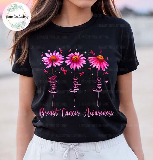 Discover Breast Cancer Awareness T-Shirt with Faith Hope Love Daisy Theme