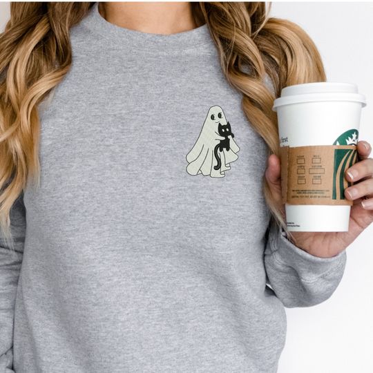 Discover Ghost Halloween Sweatshirt | Black Cat Crewneck Design