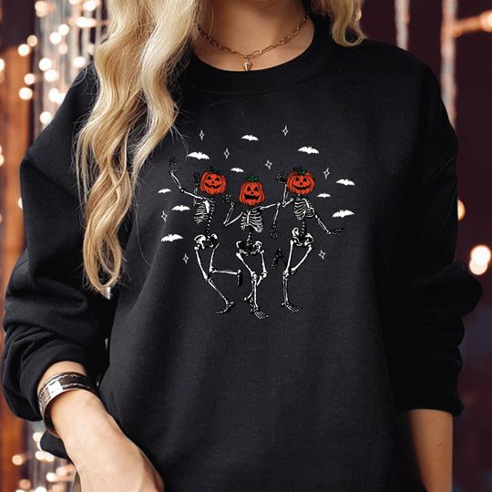 Discover SWEATSHIRT (1828) Pumpkin Head Dancing Skeleton, Spooky Season Halloween Vibes Jack Coffee Drinking Horror Scary Thanksgiving