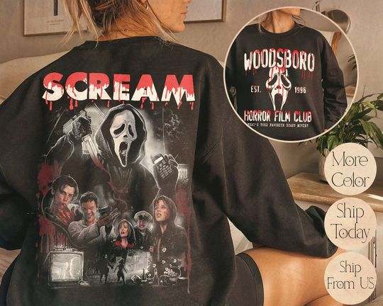 Discover Woodsboro Horror Film Club 2 Sided Sweatshirt, Scary Halloween Hoodie, Horror Film Club Sweater, Woodsboro Scream, Scream Ghost Shirt