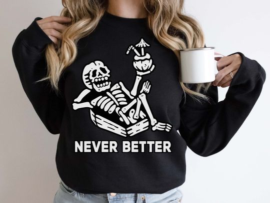 Discover Cocktail Drinking Skeleton Halloween Sweatshirt