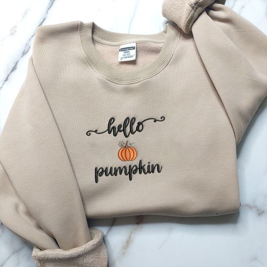Discover Hello Pumpkin Embroidered Sweatshirt, Fall Sweatshirt, Autumn Crewneck, Funny Halloween, Autumn Crewneck, Halloween Gift ECL002