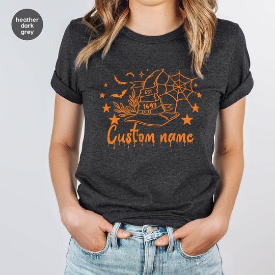 Discover Custom Witch Vneck Tshirt, Personalized Halloween Shirts, Shirts For Women, Witchy Graphic Tees, Customized Sisters Gifts, Gift for Friends