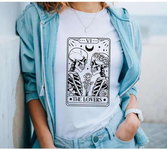Discover Women's 'The Lovers' T-shirt, Skeleton Lovers Shirt, Skeleton Wedding Top, Gothic Love T-shirt, Tarot Card of The Lovers, Tarot Card T-shirt