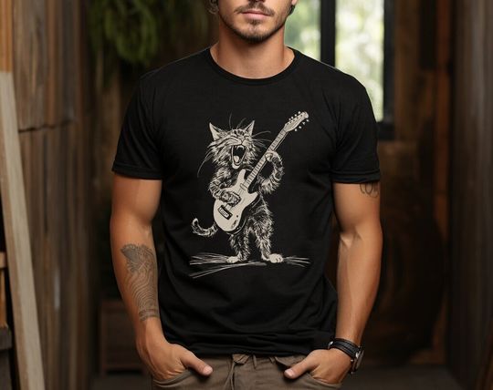 Discover Cat Strumming the Guitar T-Shirt, Cat Playing Bass Guitar T-shirt