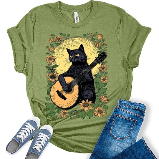 Discover Cat Playing Guitar Shirt Womens Sunflower Cottagecore Aesthetic T-Shirt