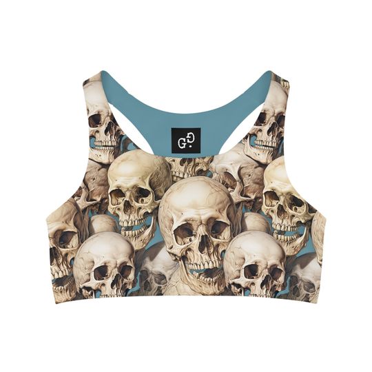 Discover Skulls Sports Bra, Blue Background, Realistic Skulls, Halloween, Goth, GoodGrace