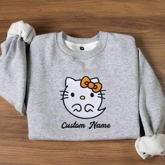 Discover Embroidered Cat Ghost Sweatshirt | Halloween Embroidered Sweatshirt | Cute Ghost Shirt | Spooky Season