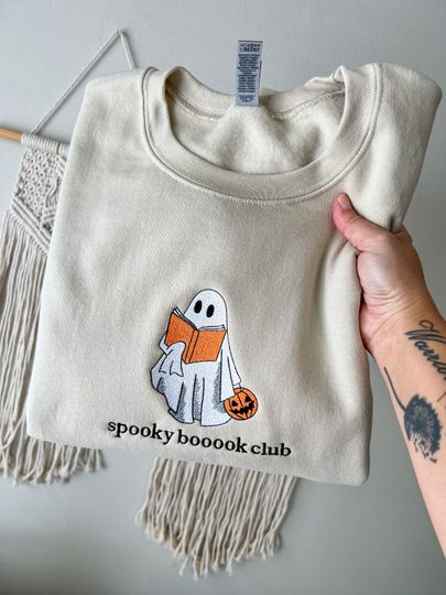 Discover Cute Embroidered Ghost Book Crewneck, Spooky Boook Club Sweatshirt, Embroidered Halloween Sweatshirt