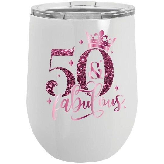 Discover 50 & Fabulous, Pink Glitter Custom Age Birthday Tumbler