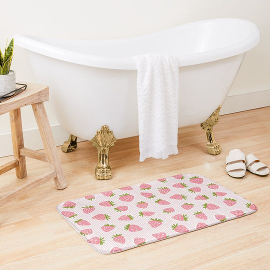 Discover Strawberries - pink on pink stripes Bath Mat