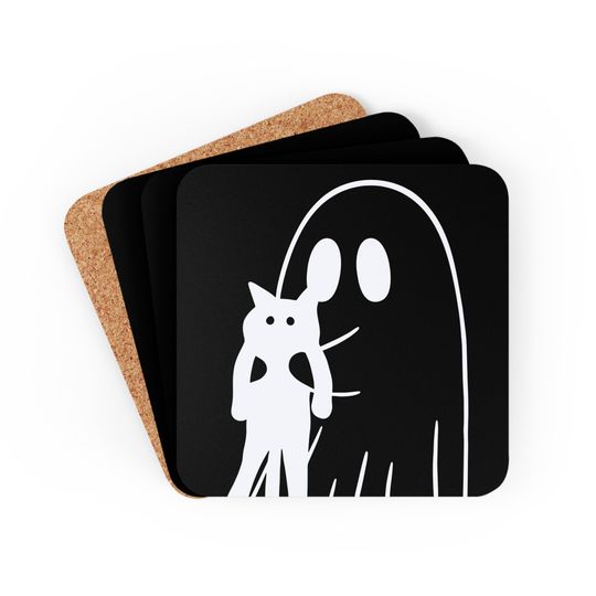 Discover Kitty and Ghost Halloween Corkwood Coaster