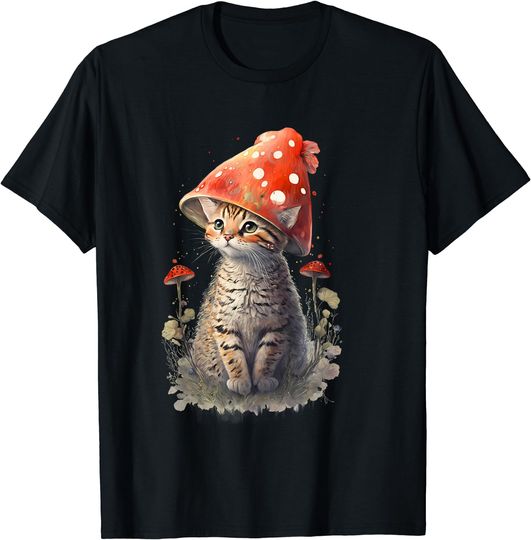 Discover Vintage Cat with Mushroom Hat Cute Cottagecore Aesthetic T-Shirt