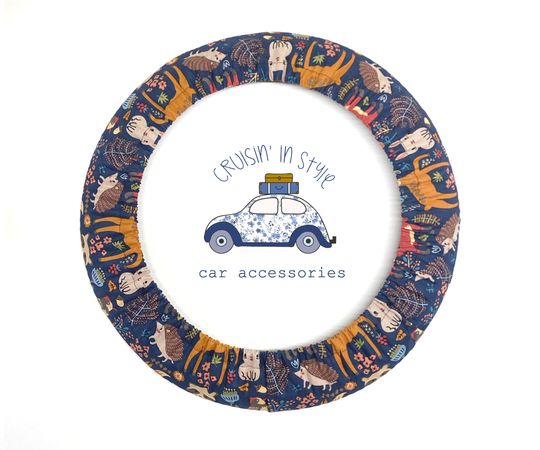 Discover Navy Woodland Animals Steering Wheel Cover