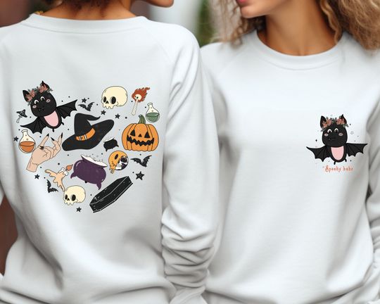 Discover Spooky Babe Funny Halloween Double Side Sweatshirt, Halloween Gift, Pumpkin Bat Graphic Sweat