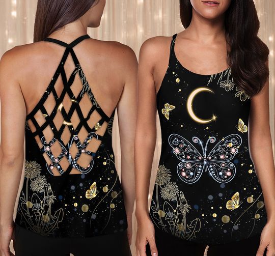 Discover Witchy Butterfly Celestial Criss Cross Tank Top