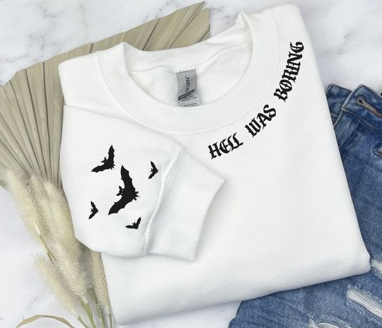 Discover Hell Was Boring Sweatshirt, Women's Funny Halloween Shirt, Goth Shirt, Funny Fall Shirt, Spooky Season Tshirt, Witchy Gifts For Her, KP7864