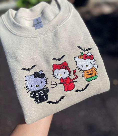 Discover Kitty Spooky Embroidery Crewneck Custom Embroidered Halloween Holiday Sweatshirt Embroidered Pumpkin Sweatshirt, Halloween Gift,