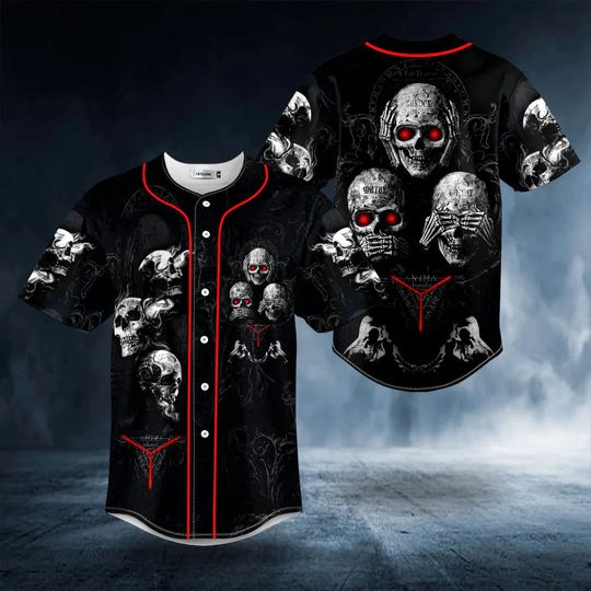 Discover Hear See Speak No Evil Skull Baseball Jersey, Men's Baseball Jersey, Gift for skull lover