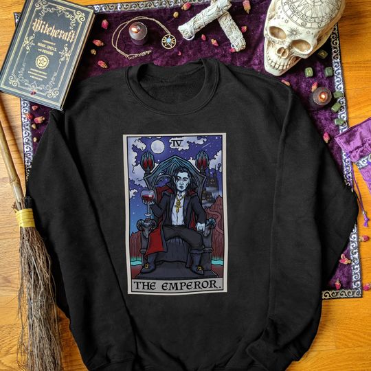 Discover The Emperor Tarot Card Sweatshirt Halloween Long Sleeve Dracula Sweater Gothic Vampire Male Witch Clothing Plus Size Goth Couple Sweaters