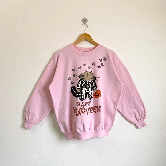 Discover 90s Happy Halloween Crewneck Sweatshirt Print Logo Pink Color Mens M